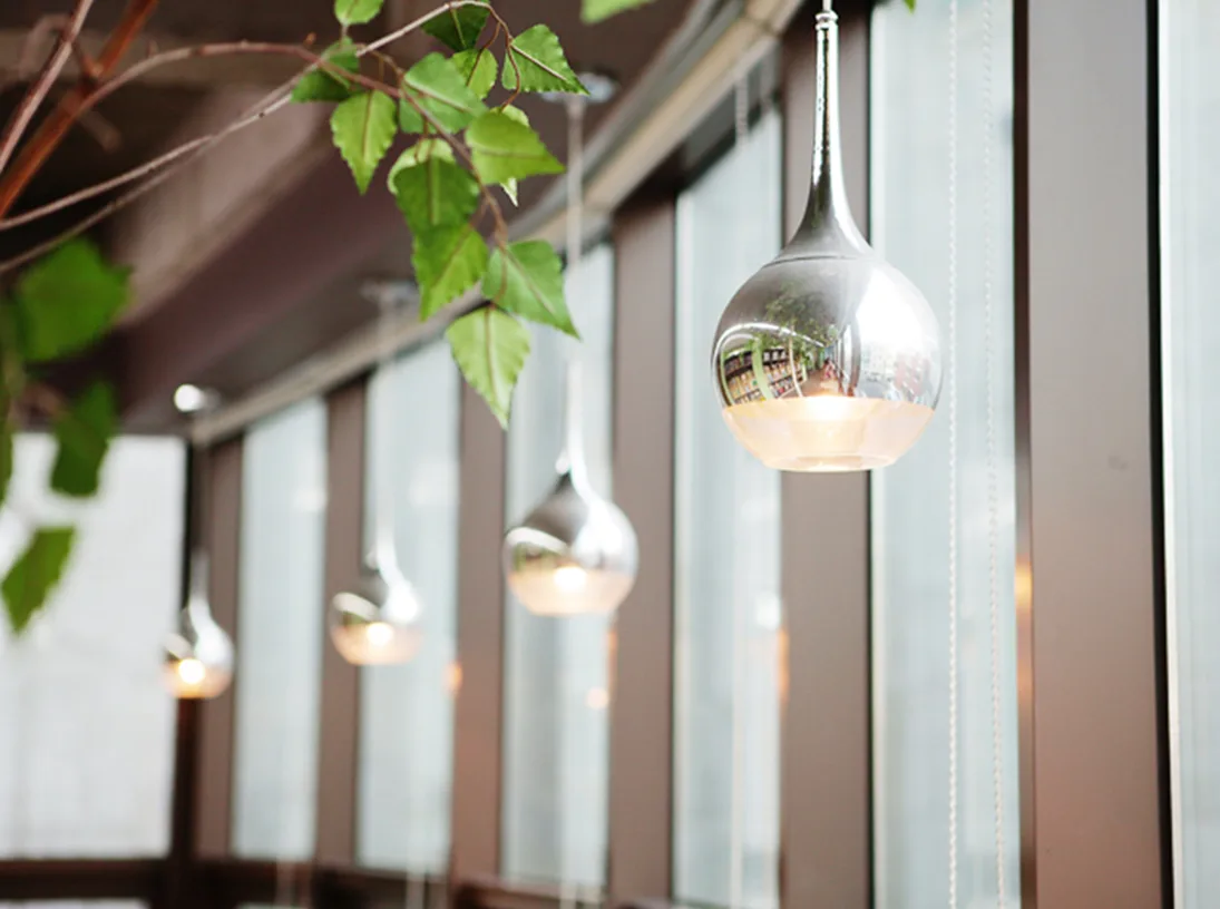Pendant lights and plants in the academy lounge